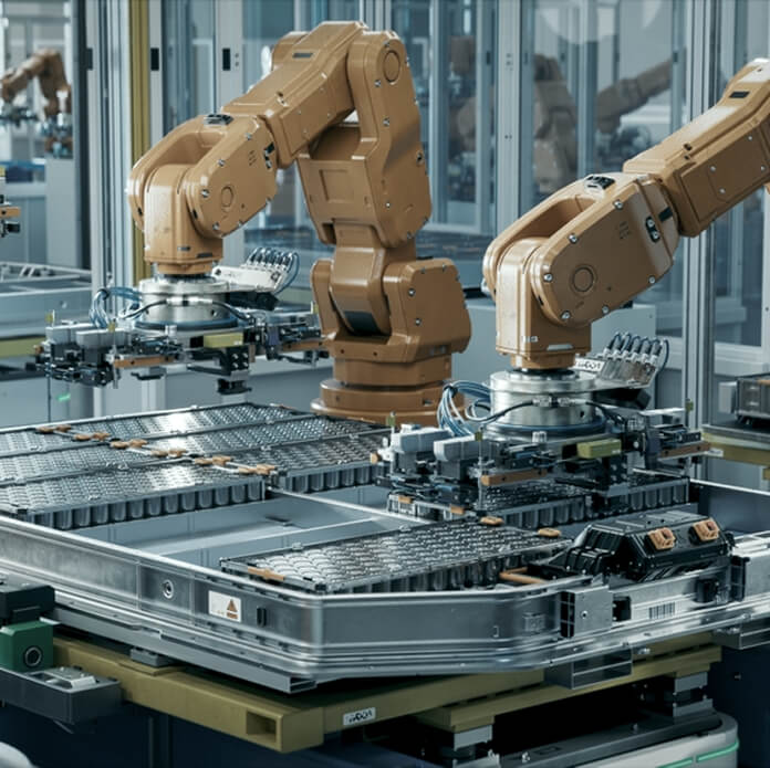 Orange Industrial Robot Arms Assemble EV Battery Pack on Automated Production Line. Row of Advanced Robotic Arms inside Automotive Plant Assemble Batteries. Modern Electric Car Smart Factory.
