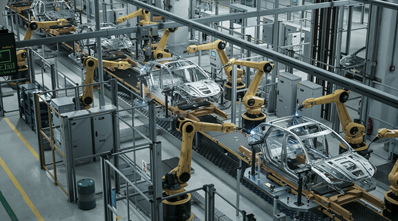 Car Factory 3D Render: Automated Robot Arm Assembly Line Manufacturing High-Tech Green Energy Electric Vehicles. Construction, Building, Welding Industrial Production Conveyor. Elevated Wide Shot