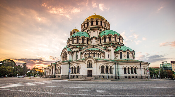 St Alexander Nevsky Cathedral in the center of Sofia, capital of Bulgaria against the sunset sky