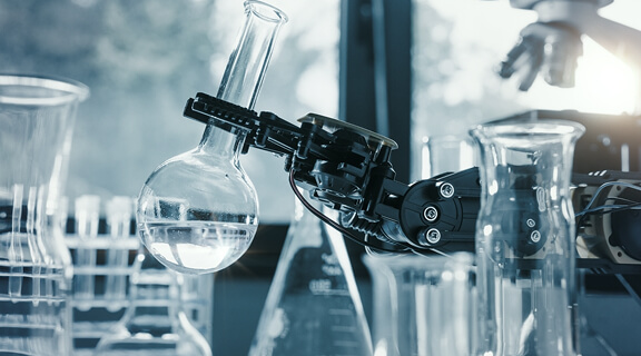 A Robot in a chemical laboratory assists humans in the most dangerous operations.