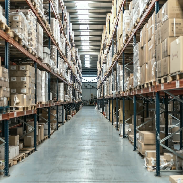 Interior view of an aisle of a distribution warehouse full of packages and no people