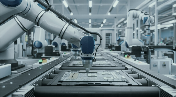 Automated Robotic Arms Assembling Circuit Boards on a Conveyor. Electronics Manufacturing with Precision and Efficiency. High-Tech Technology Production in a Futuristic Industrial Environment
