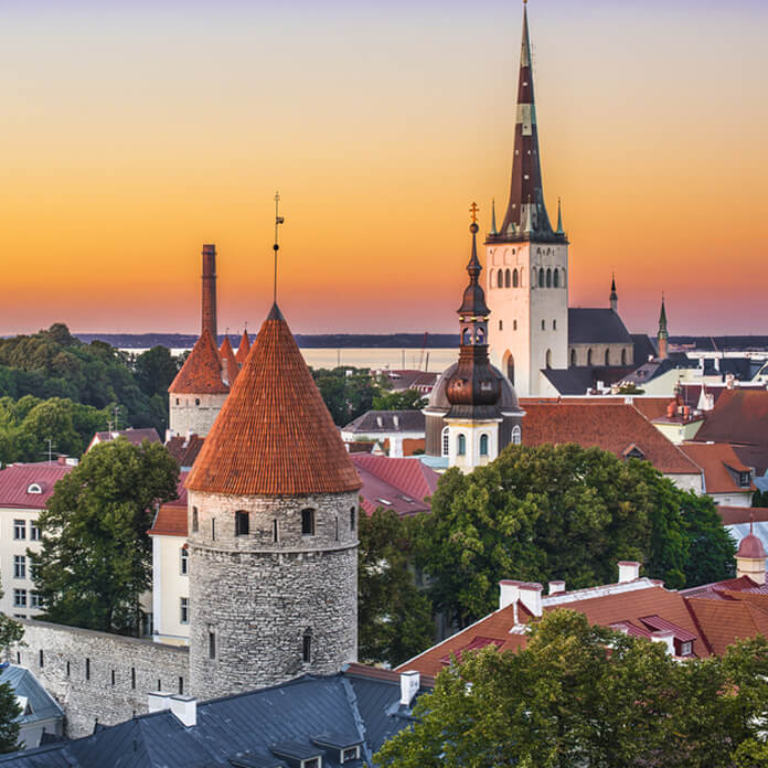 Skyline of Tallinn, Estonia after sunset.