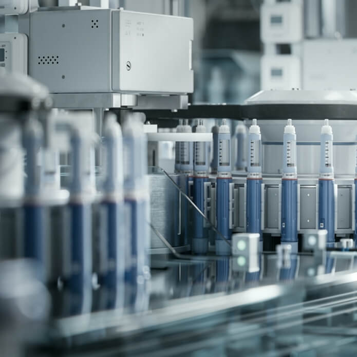 Medical Drug Production Plant. Insulin Injection Pens on Conveyor Line during Production Process at Modern Pharmaceutical Factory. Weight Loss Medication Manufacturing.