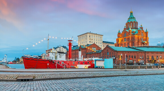 Helsinki city skyline, cityscape of Finland at sunset