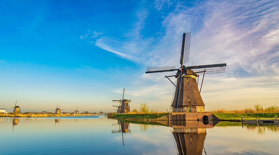 Rotterdam Netherlands, nature landscape of Dutch Windmill at Kinderdijk Village