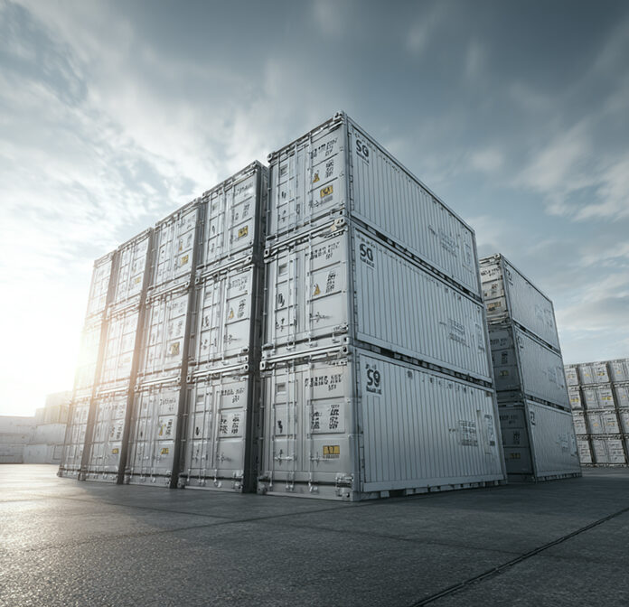A group of large white shipping containers is stacked neatly in an outdoor storage area under a partly cloudy sky, with the sun low on the horizon.