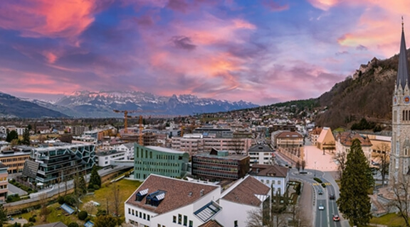 Aerial view of Cathedral of St. Florin in Vaduz - Liechtenstein, soft focus