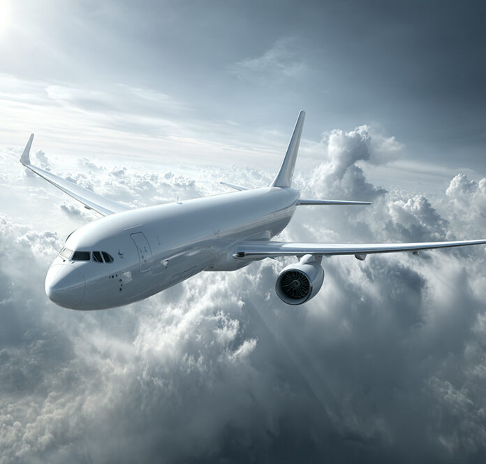 A white commercial airplane flies above the clouds in a bright, partly cloudy sky, with sunlight illuminating the aircraft and surrounding atmosphere.