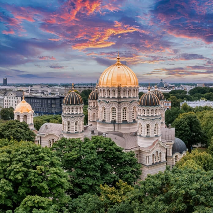 The Nativity of Christ Cathedral in Riga, Latvia. Byzantine-styled Orthodox cathedral, the largest in the Baltic region, with golden colored dome, polished gilded cupolas gleaming through the trees