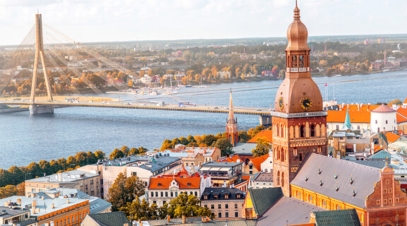 Cityscape aerial view on the old town with Dome cathedral and Daugava river in Riga city, Latvia