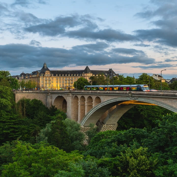 Scenery of Adolphe Bridge and the clock tower in Luxembourg city, Luxembourg