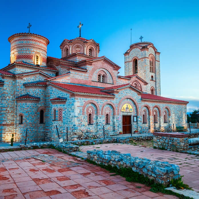 Church of Saints Clement and Panteleimon or Crkva Sveti Kliment Pantelejmon in Ohrid city, North Macedonia at sunset