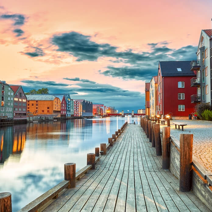 Amazing sunset over the Nidelva river in Trondheim, Norway