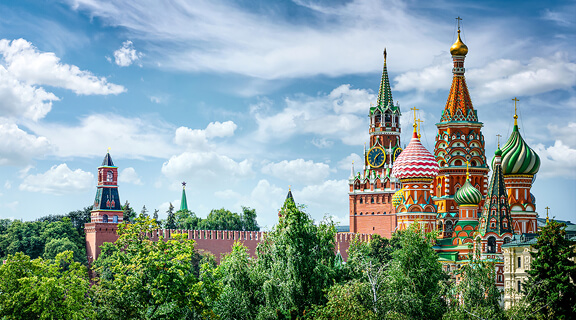 Panoramic view of Moscow Kremlin and St Basil's Cathedral, Russia. Moscow. The Red Square., Spasskaya Tower symbol of Moscow and Russia.