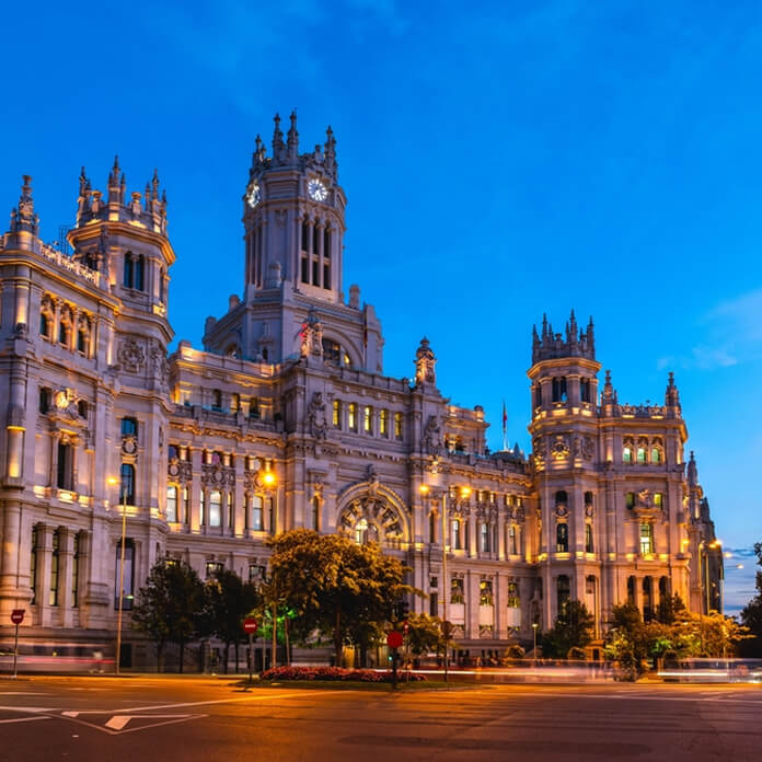 Cibeles Palace, Palace of Communications or Palace of Telecommunications, in Madrid, Spain at night