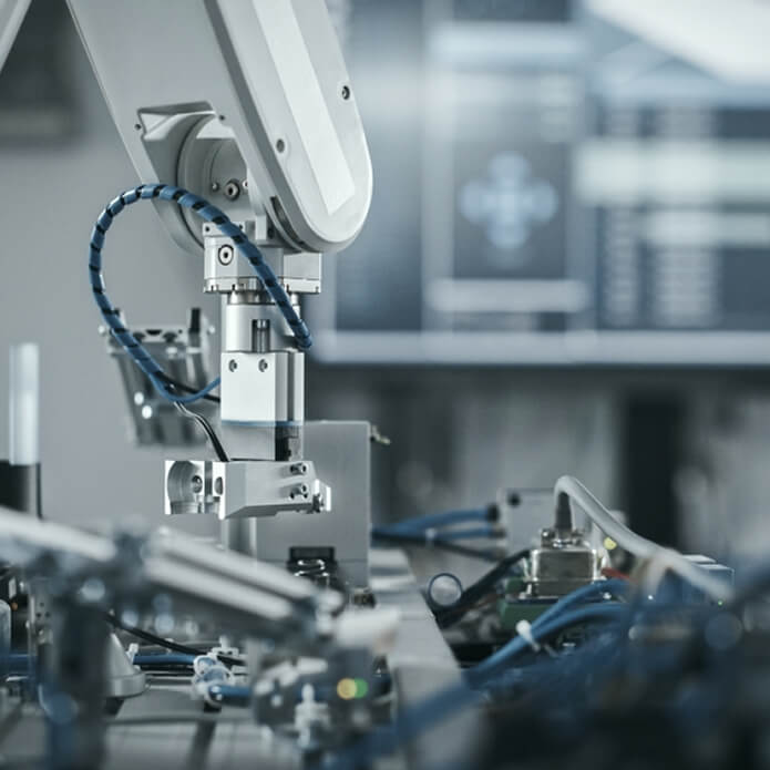 Robotics Industry Four Engineering Facility Robot Arm Moving at Different Directions. High Tech Industrial Technology Using Modern Machine Learning. Mass Production Automatics. Close Up