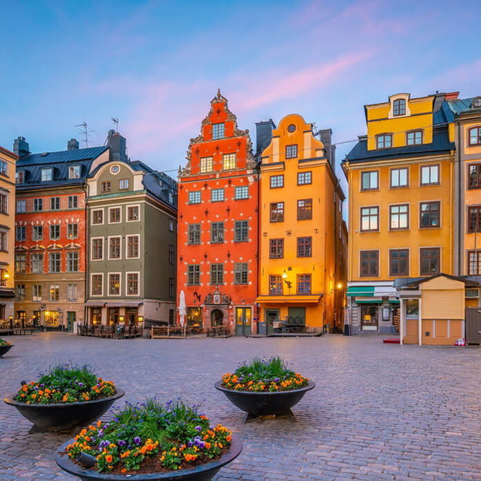 Stockholm old town city skyline, cityscape of Sweden at sunset
