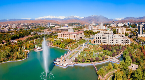 Dushanbe city centre aerial panoramic view. Dushanbe is the capital city of Tajikistan.