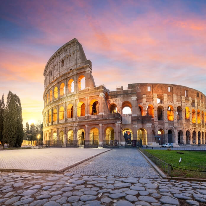 The Colosseum in Rome, Italy at dawn.
