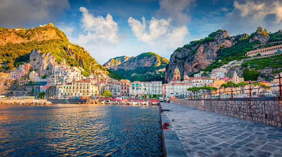 Marvelous summer view of Diocesano di Amalfi church. Spectacular morning cityscape of Atrani town, Italy, Europe. Beautiful Mediterranean seascape. Traveling concept background.