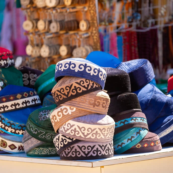 Skullcap, the national headdress of the eastern peoples of Kazakhstan, Uzbekistan, Kyrgyzstan, Turkmenistan. Men's Muslim headdresses are sold at handmade fairs.