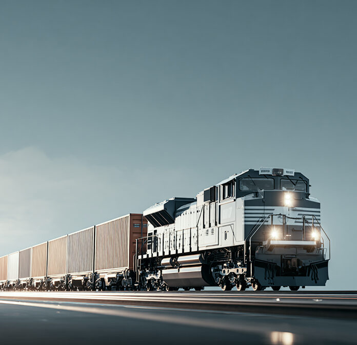 A modern freight train with a white locomotive and several cargo containers travels along railway tracks under a clear sky, illuminated by soft daylight.