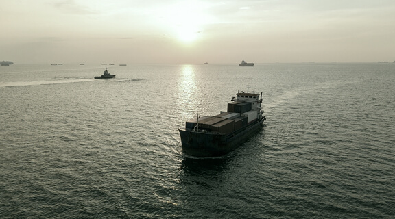 A cargo ship sails on a calm sea at sunset, with several other vessels visible in the distance under a hazy sky.