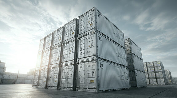 Stacks of large white shipping containers are arranged in rows outdoors on a concrete surface under a cloudy sky, with sunlight shining from the left side of the image.