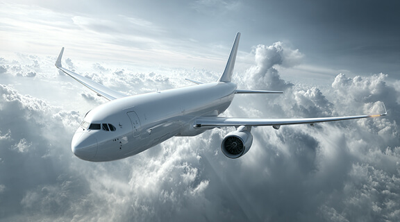 A large commercial airplane with white exterior flies above the clouds in a mostly cloudy sky, with sunlight breaking through and illuminating the scene.