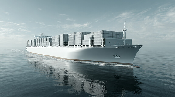 A large cargo ship loaded with shipping containers sails on calm, open water under a cloudy sky. The vessel is moving forward, creating gentle waves in its wake.