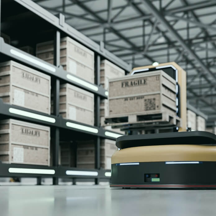 Automated guided vehicle robot carrying fragile wooden pallet in modern industrial logistics warehouse- 3D rendering