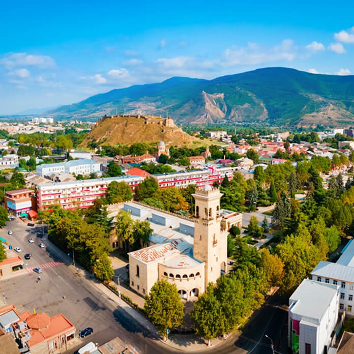 The Joseph Stalin Museum aerial panoramic view in Gori, Georgia. Museum is dedicated to the life of Joseph Stalin, the leader of the Soviet Union, who was born in Gori.
