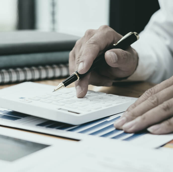 bookkeeper or financial inspector hands making report, calculating or checking balance. Home finances, investment, economy, saving money or insurance concept