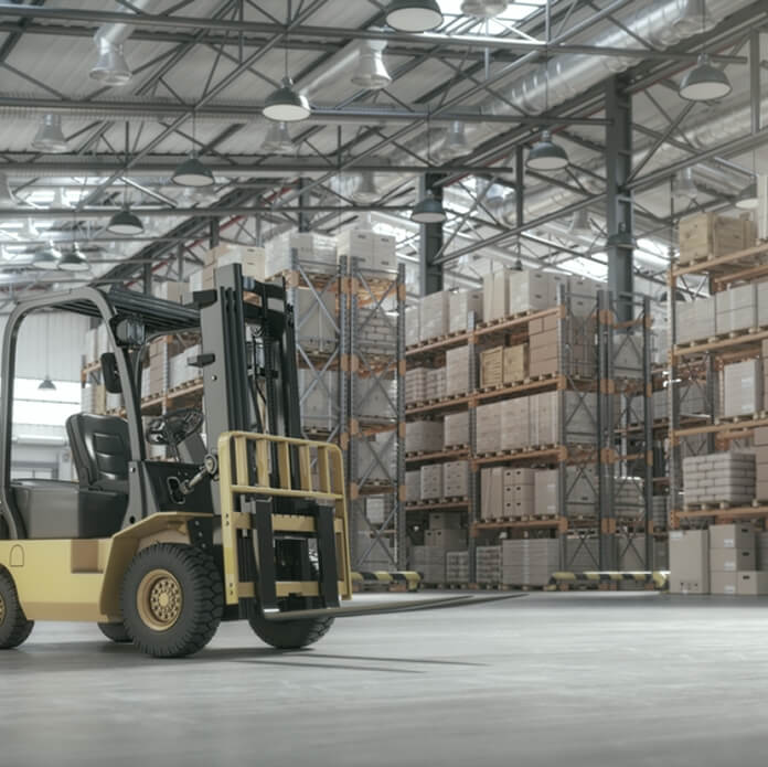 Retail warehouse full of shelves with cardboard boxes and packages. Logistics, storage, and delivery industrial background. 3d illustration