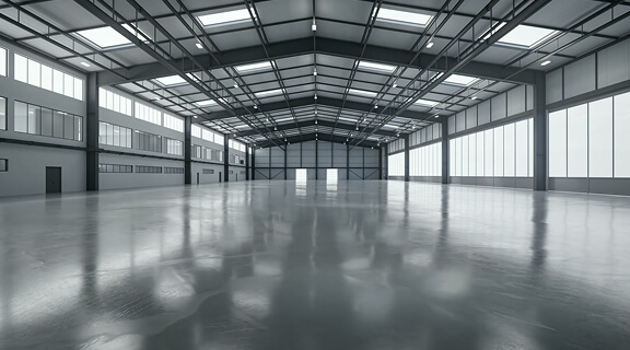 Spacious, empty industrial warehouse with high ceilings, large windows, and polished concrete floors. The space is well-lit with natural light streaming through the windows and skylights.