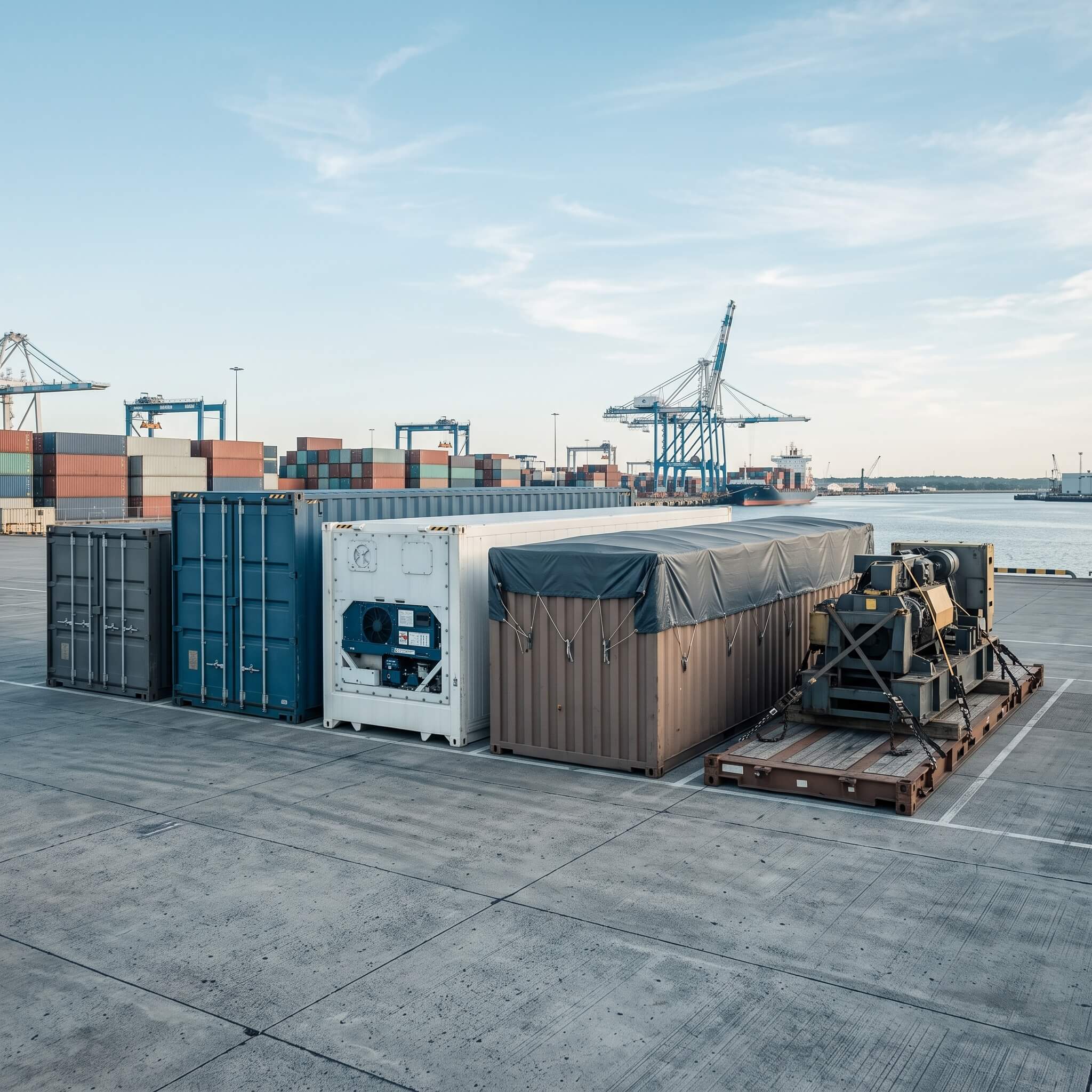 Typy námorných kontajnerov – dry, High Cube, reefer, Open Top a Flat Rack.